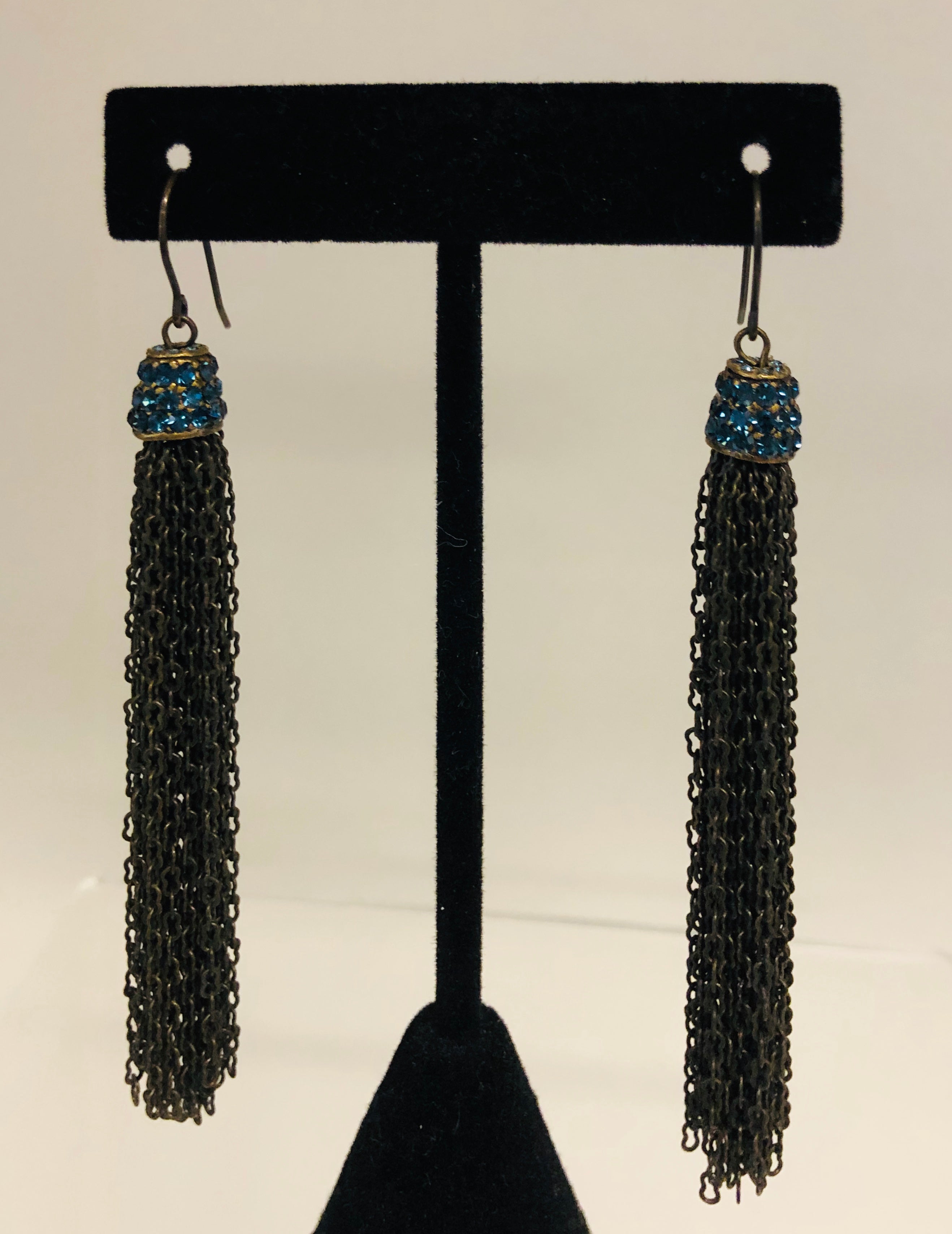Chain Tassel Earrings/Blue Crystals