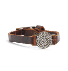 Pave Round Disc Skinny Leather Bracelet